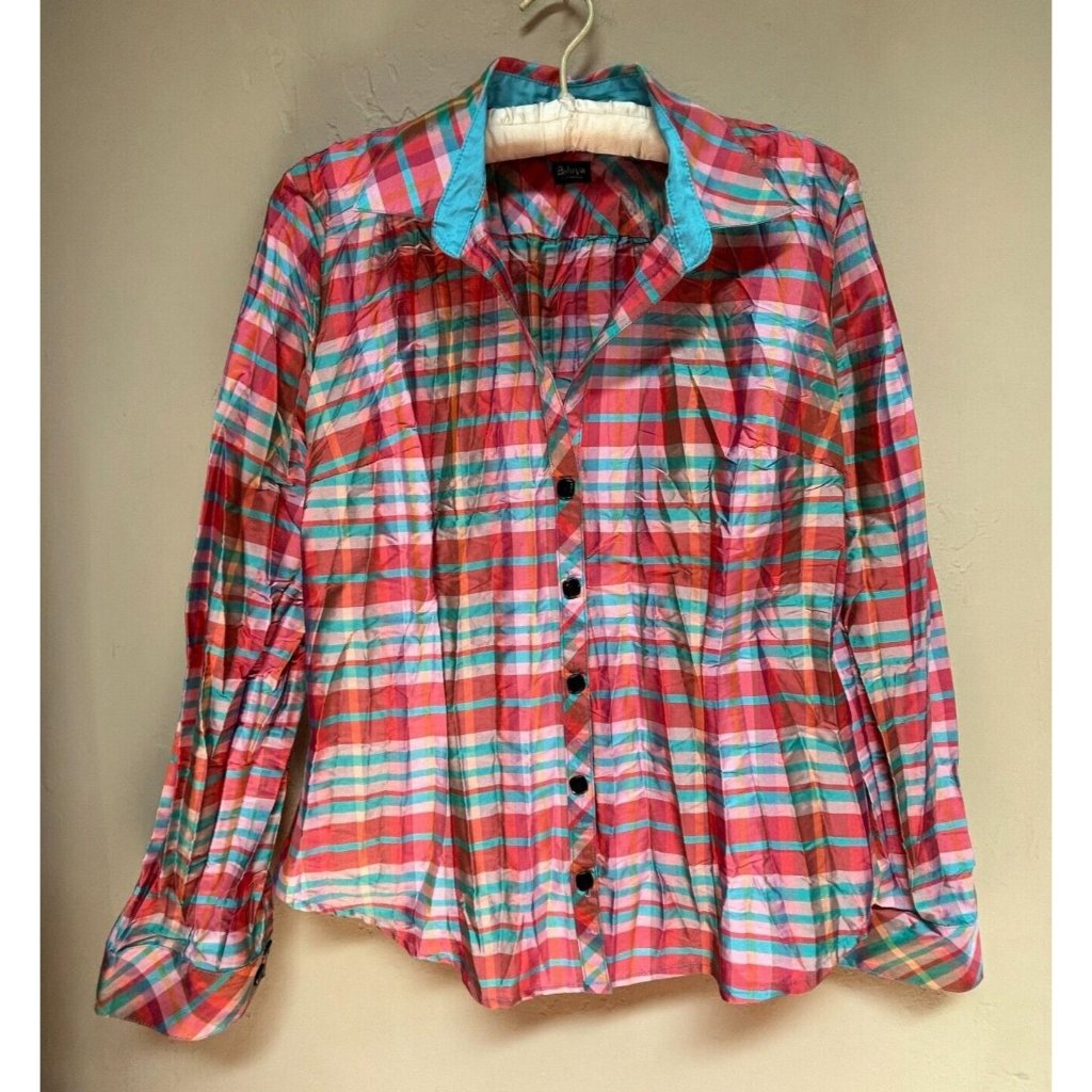 Beluva San Francisco Womens Button Up 3/4 Sleeve Plaid Pleated Shirt Medium